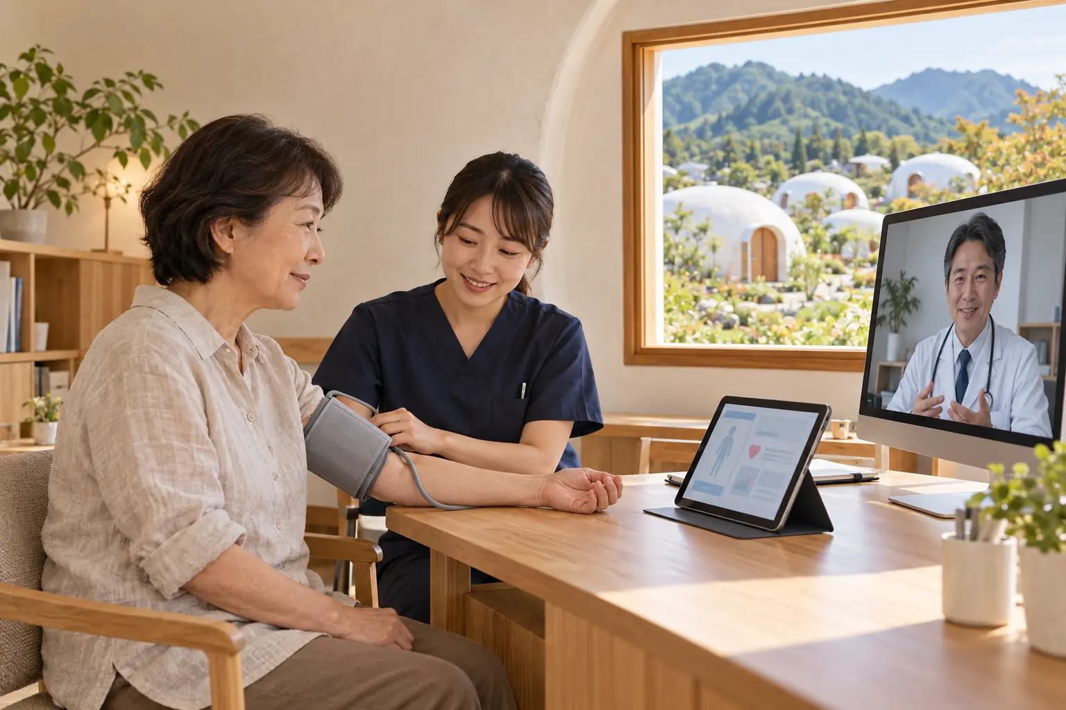 看護師と記録を確認しオンラインで医師に相談する構想イメージ